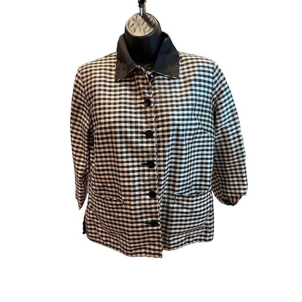 Black White Checked Reversible Harris Wallace Silk Button Front Jacket Sz 4P